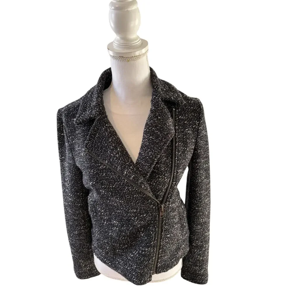 J Crew Tweed Boucle Moto Zipper Detail Jacket Black White 6